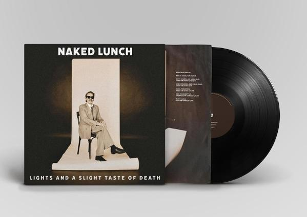 Albumcover für Naked Lunch. Mann im Anzug sitzt auf einem Stuhl. Album, Cover und Schallplatte auf hellem Hintergrund.