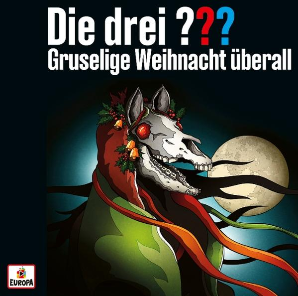 Ein gruseliges Bild mit einem Pferdeschädel mit Weihnachtskranz. Im Hintergrund ist ein Vollmond, mit deutschem Text oben.