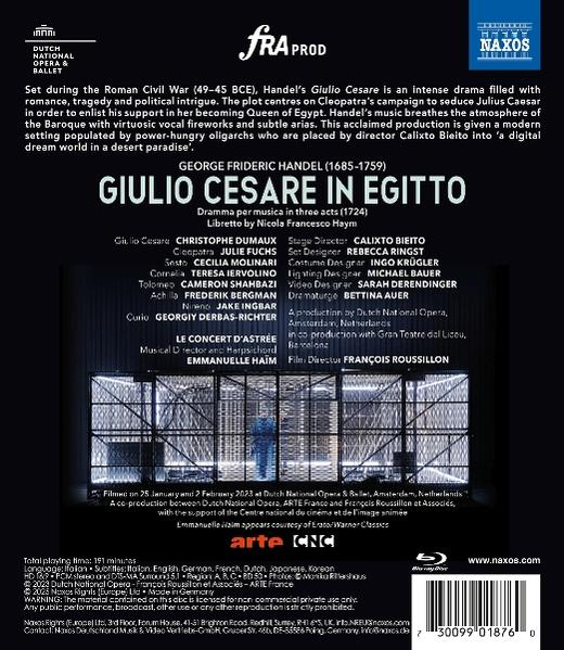 Cover für Giulio Cesare in Egitto. Text und Namen von Schauspielern und Regisseur. Ein dunkler Hintergrund mit einem Käfig.