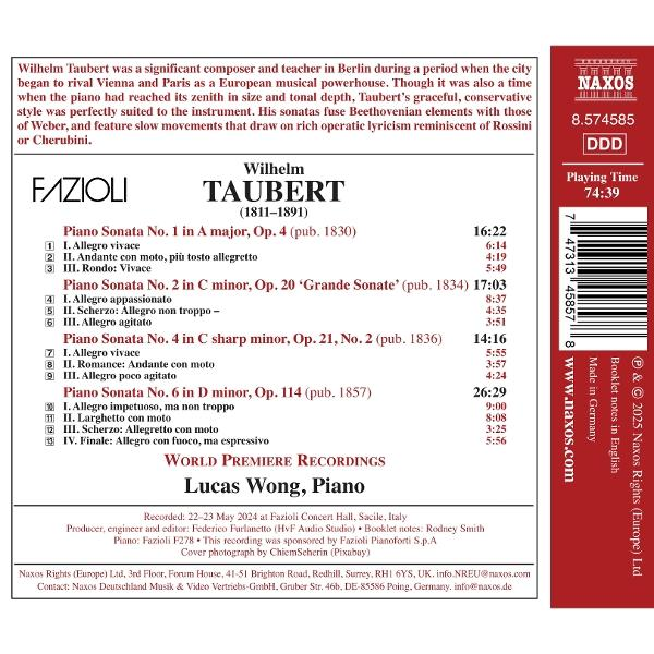CD-Cover mit Text über Wilhelm Taubert, Komponist. Enthält Albumdetails, Klavier und Barcode.