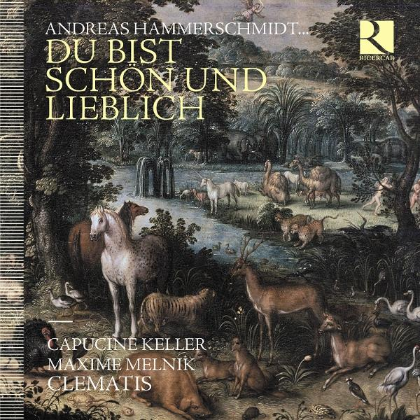 Ein klassisches Gemälde zeigt Tiere um einen Fluss, mit Bäumen und Text. Pferde, Hirsche und Löwen sind sichtbar. Der Text lautet 'Du bist schön und lieblich'.