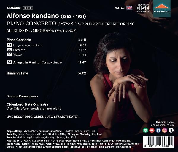 CD-Cover mit einer Frau, Daniela Roma, und Text über Alfonso Rendanos Klavierkonzert. Enthält Titelliste, Orchesterdetails und Logo.