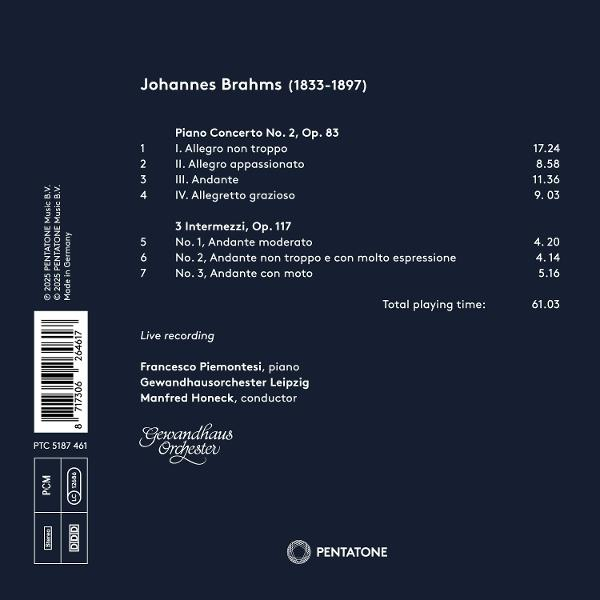 CD-Cover mit Text über Johannes Brahms, Klavierkonzert Nr. 2 und das Gewandhausorchester Leipzig.