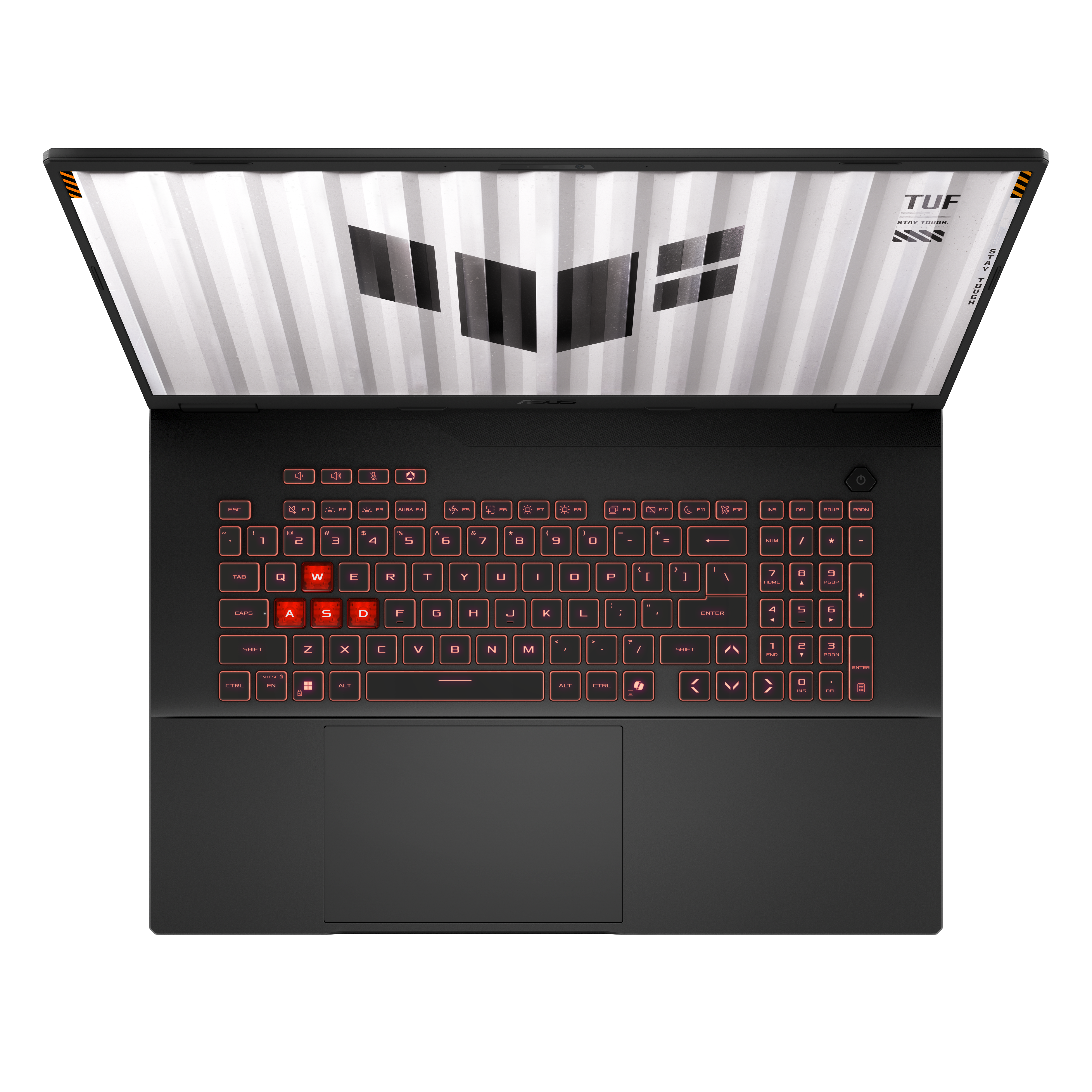 Schwarzer Laptop mit beleuchteter Tastatur. Der Bildschirm zeigt ein weißes und graues Design. Der Deckel ist offen.