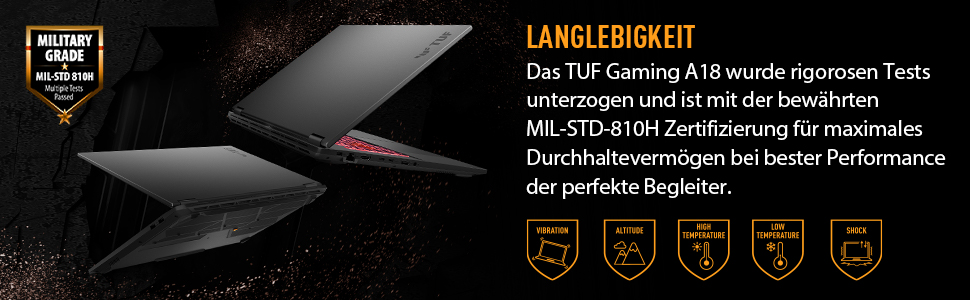 Schwarzer Laptop mit MIL-STD-810H Zertifizierung, robust und leistungsstark.