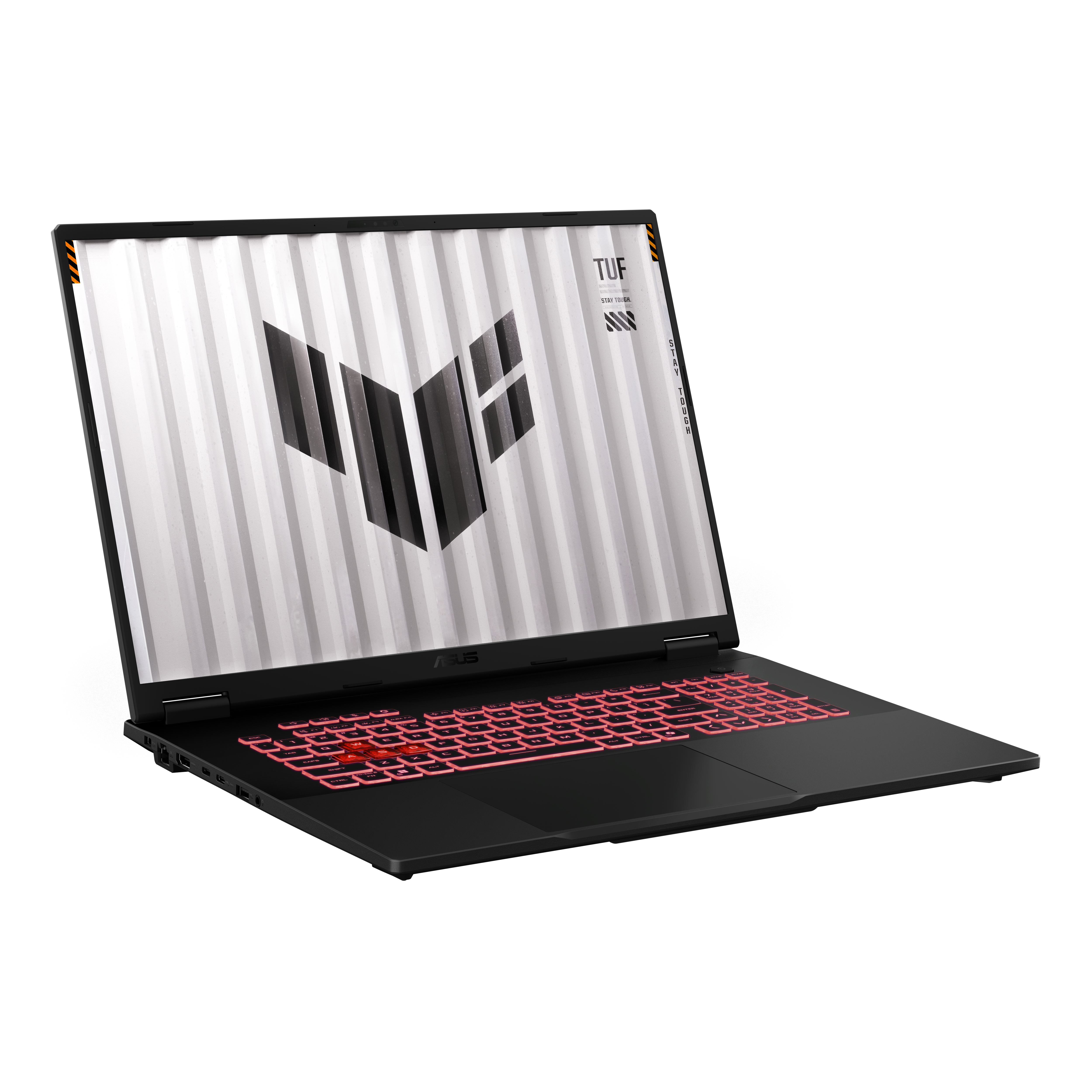 Schwarzer Laptop mit beleuchteter roter Tastatur, weißem Bildschirm mit Logo. Der Laptop steht auf weißem Grund.