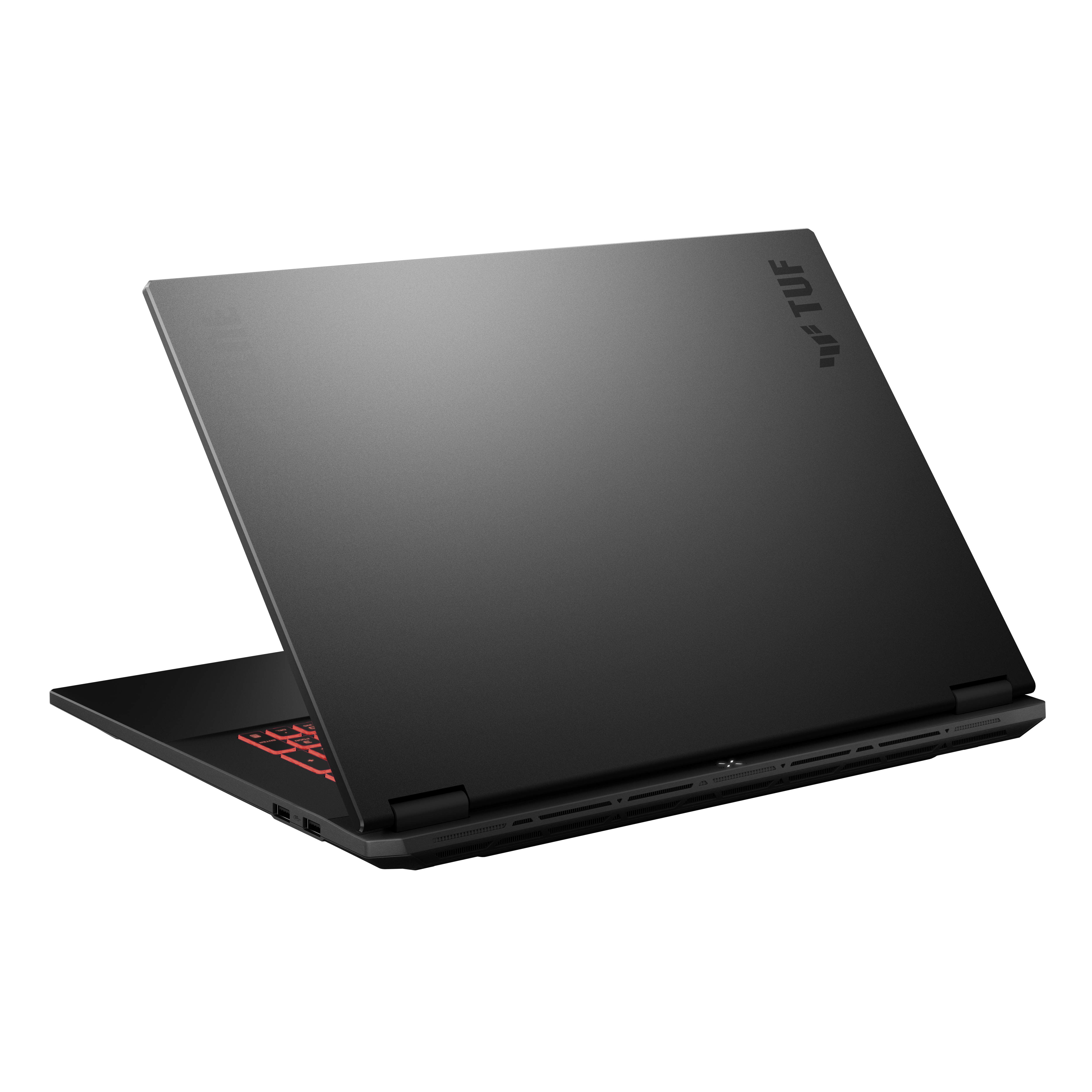 Schwarzer Laptop mit leicht geöffnetem Deckel, der eine rot beleuchtete Tastatur zeigt. Der Markenname ist sichtbar.