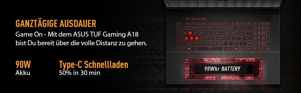 ASUS TUF Gaming A18 Laptop mit beleuchteter Tastatur und Akkuanzeige.