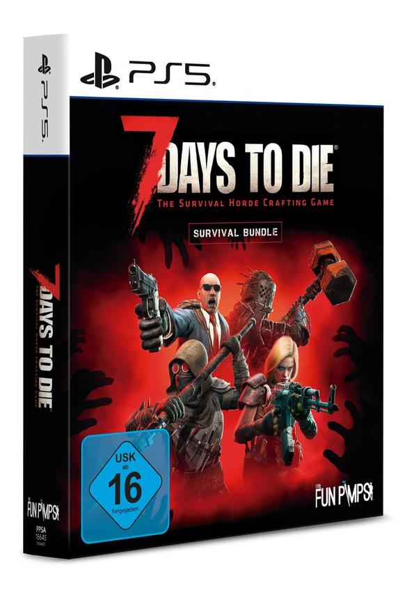 Spielbox-Art für 7 Days to Die, PS5. Zeigt Charaktere mit Waffen auf rotem Hintergrund, mit dem Spieltitel oben.