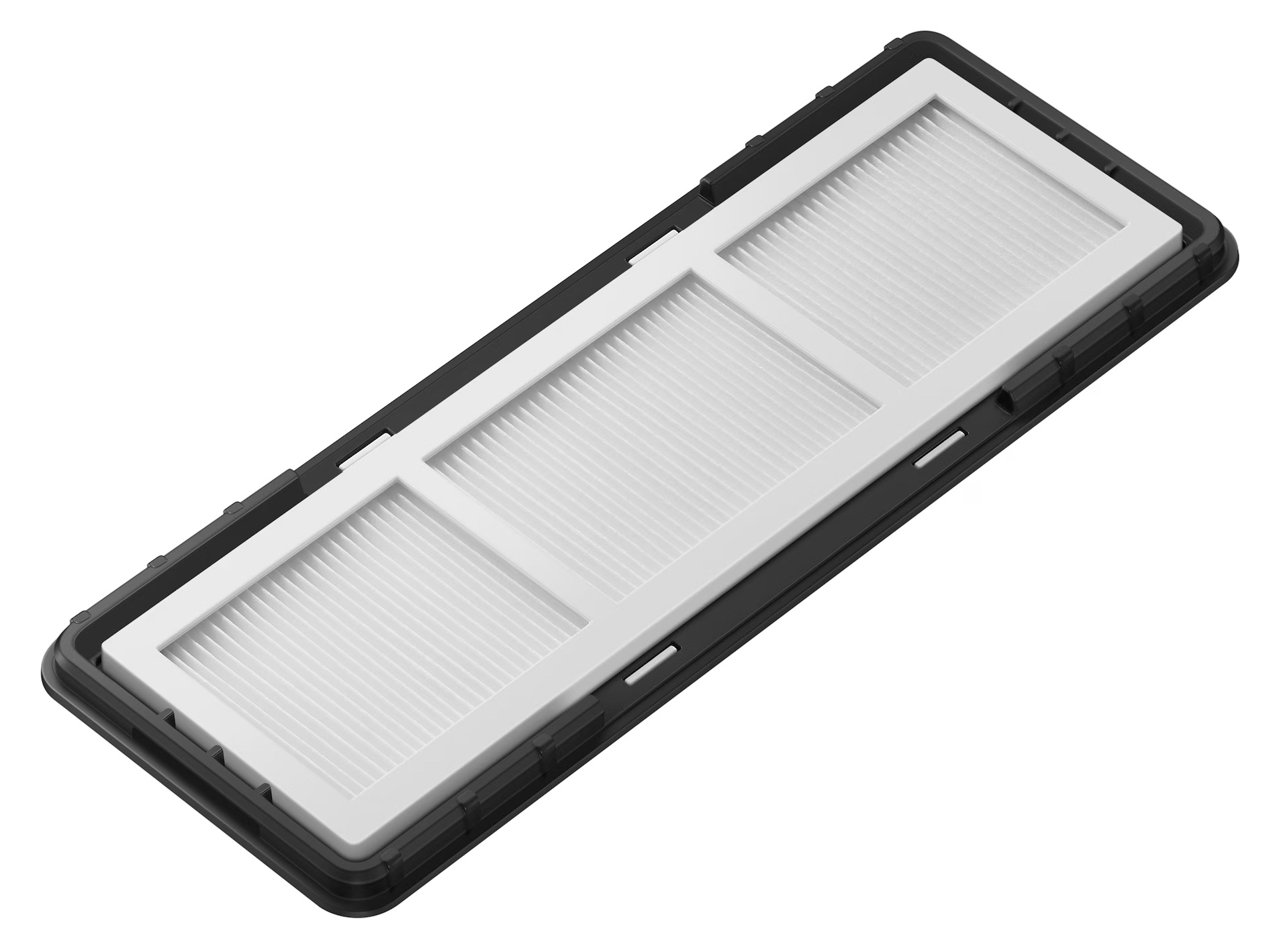 Prostokątny filtr powietrza z białym filtrem w czarnej ramie. Filtr podzielony na trzy sekcje.