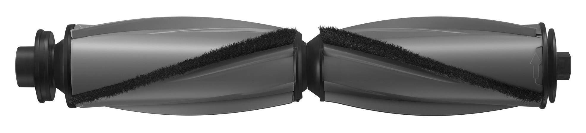 Szara szczotka rolkowa do odkurzacza z czarnym włosiem, wyizolowana na białym tle.