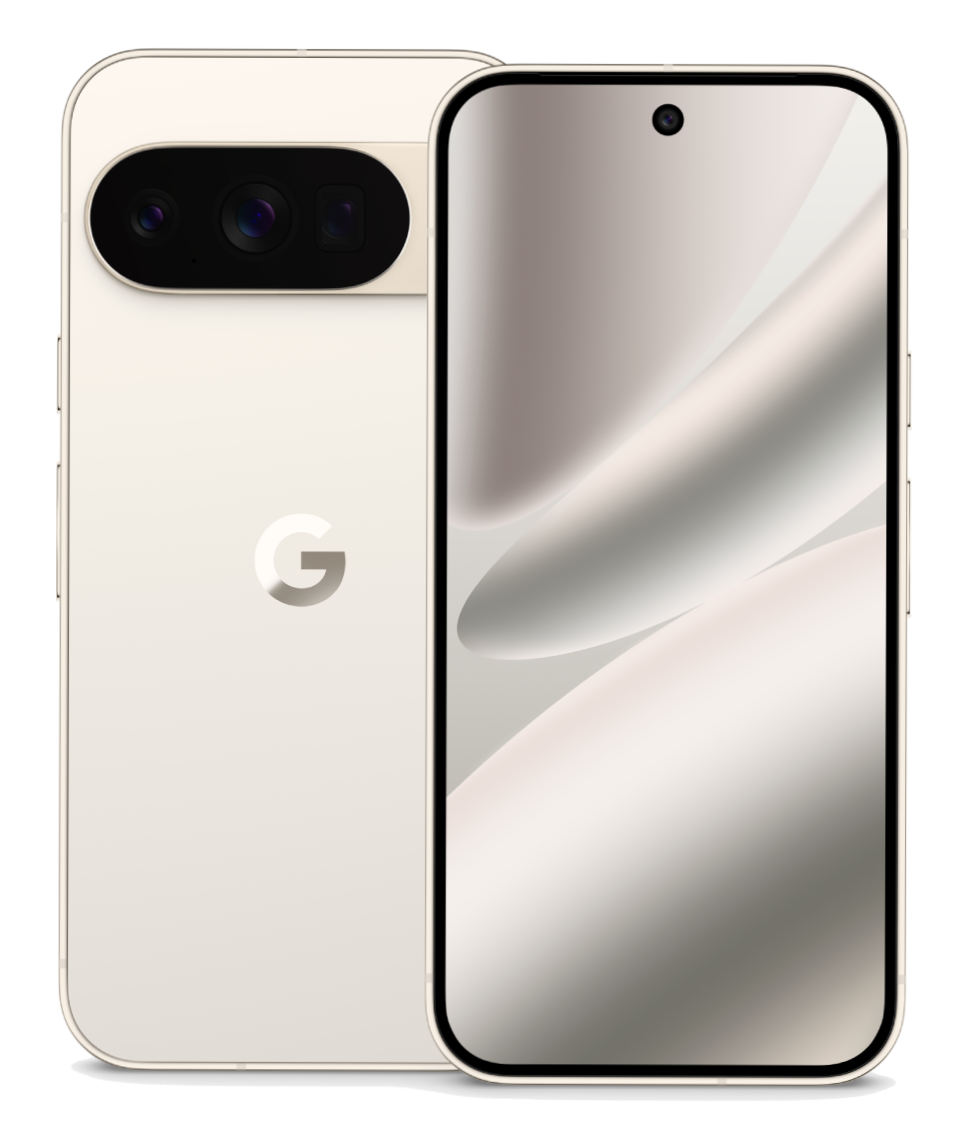 Un smartphone beige con una barra de cámara y una pantalla que muestra un diseño ondulado y claro. El logo de Google es visible.