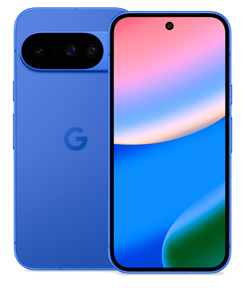 Teléfono inteligente azul con pantalla de gradiente de colores, barra de cámara y logotipo de Google.