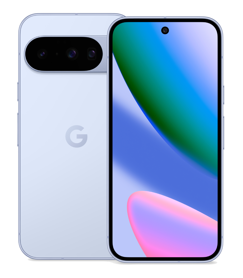 Un teléfono inteligente azul claro, frontal y posterior, con una pantalla colorida. La parte trasera tiene cámaras y un logo de Google.