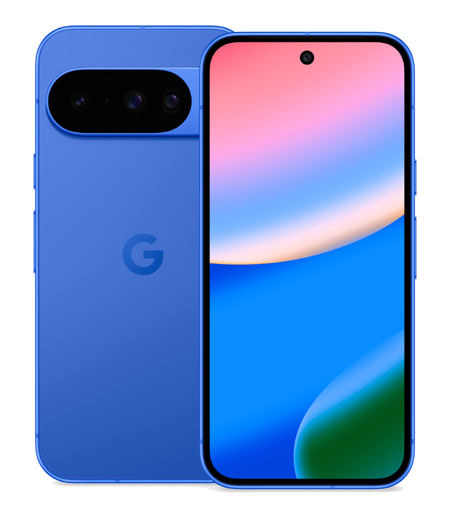 Un smartphone azul muestra una pantalla colorida. La parte trasera tiene una barra de cámara y el logo de Google. La pantalla muestra un degradado.