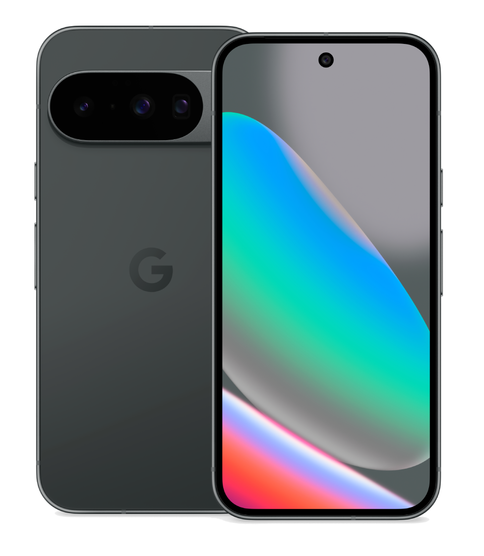 Dos teléfonos inteligentes. Uno muestra un degradado colorido, el otro una matriz de cámaras y el logotipo de Google. Ambos son de color gris oscuro.