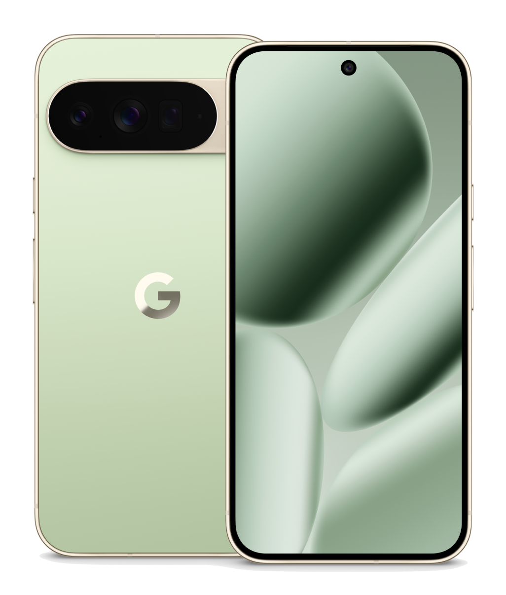 Se muestra un smartphone verde claro con bordes redondeados. La pantalla muestra un diseño verde borroso. La parte trasera tiene cámaras y un logotipo de Google.