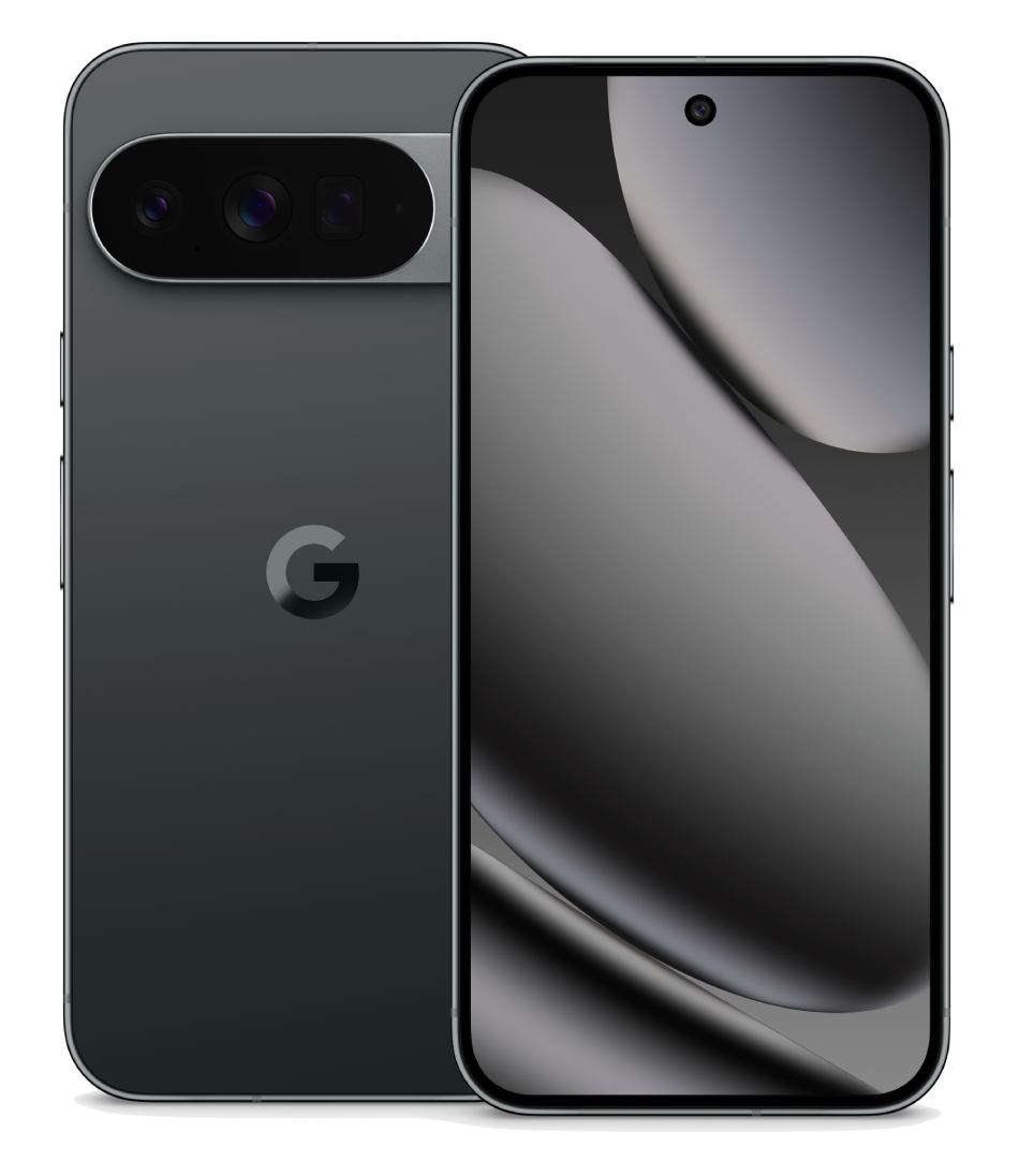 Un smartphone gris oscuro, frontal y trasero, sobre un fondo negro. La parte trasera tiene un logotipo de Google. La pantalla muestra un diseño gris.