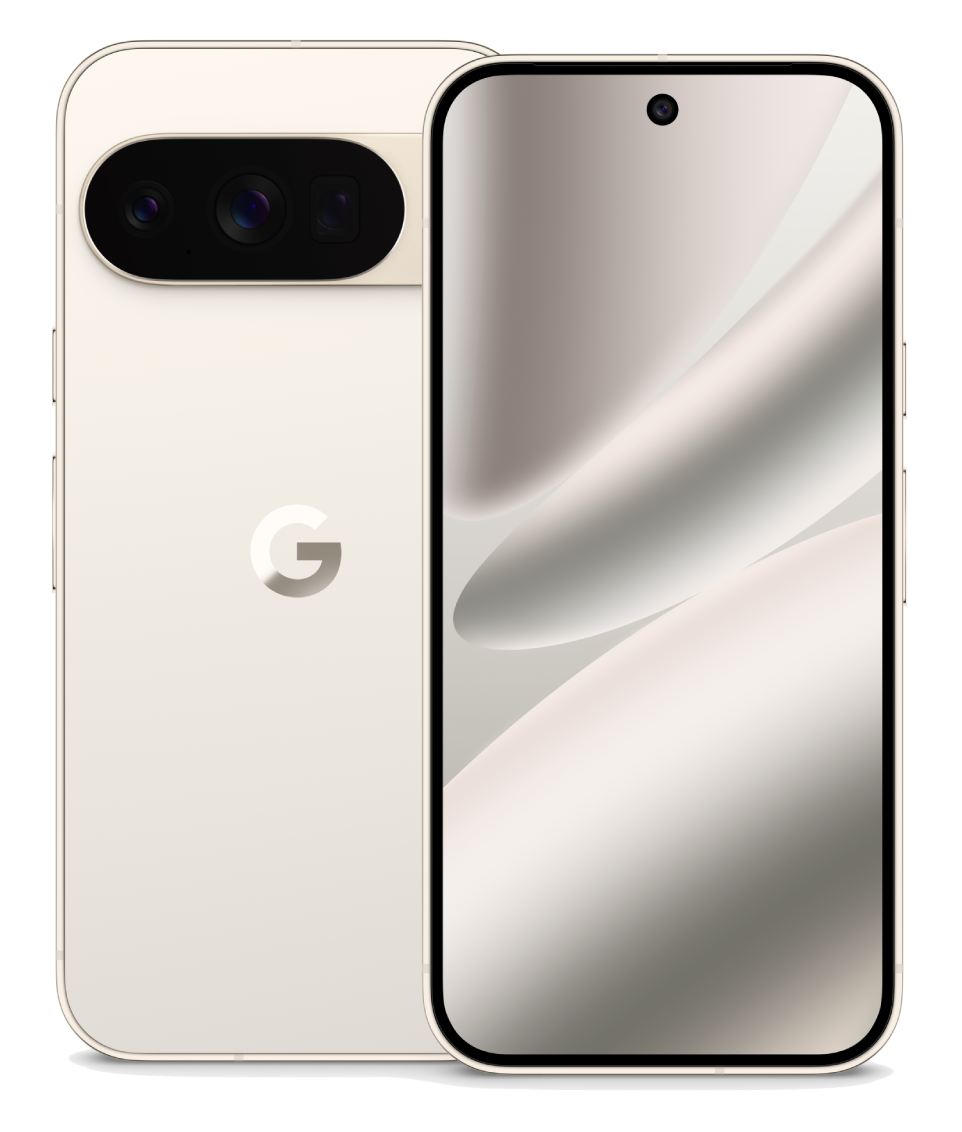 Un smartphone crema muestra la parte trasera y delantera. La parte trasera muestra una barra de cámara y el logo de Google. La pantalla tiene un degradado claro.
