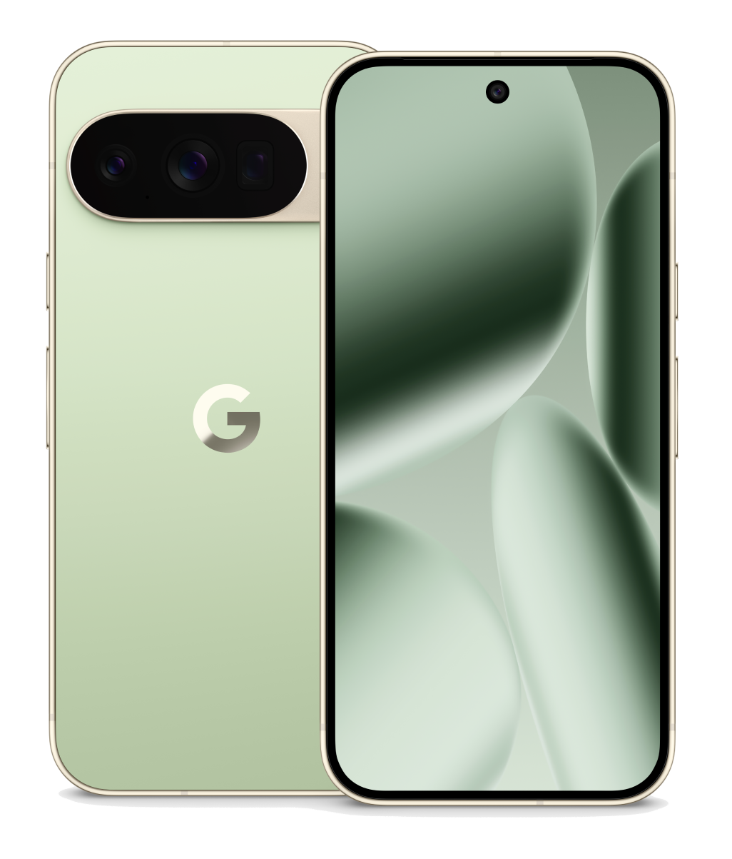 Un teléfono Google Pixel verde claro. La parte trasera muestra la barra de la cámara y el logotipo de Google. La pantalla muestra un fondo abstracto verde.
