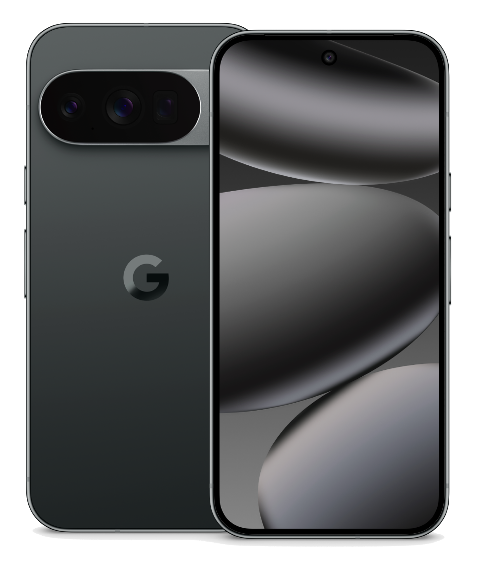 Un teléfono inteligente gris oscuro, se muestran dos unidades. Una muestra la parte trasera con el logo de Google y la barra de la cámara, la otra la pantalla.