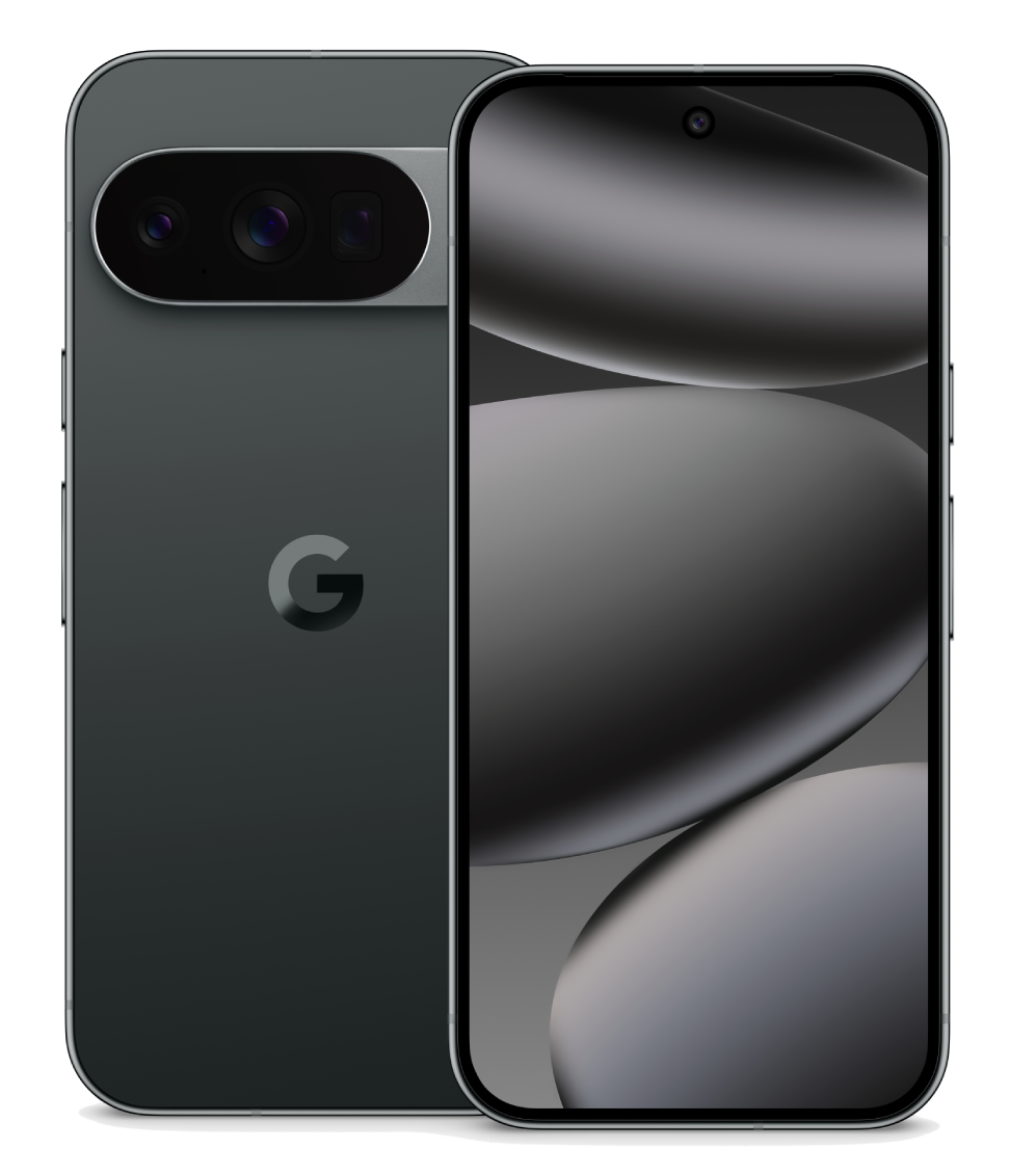 Un smartphone gris oscuro muestra la parte trasera y delantera. La parte trasera tiene una barra de cámara y el logotipo de Google. La parte delantera tiene una pantalla curva.