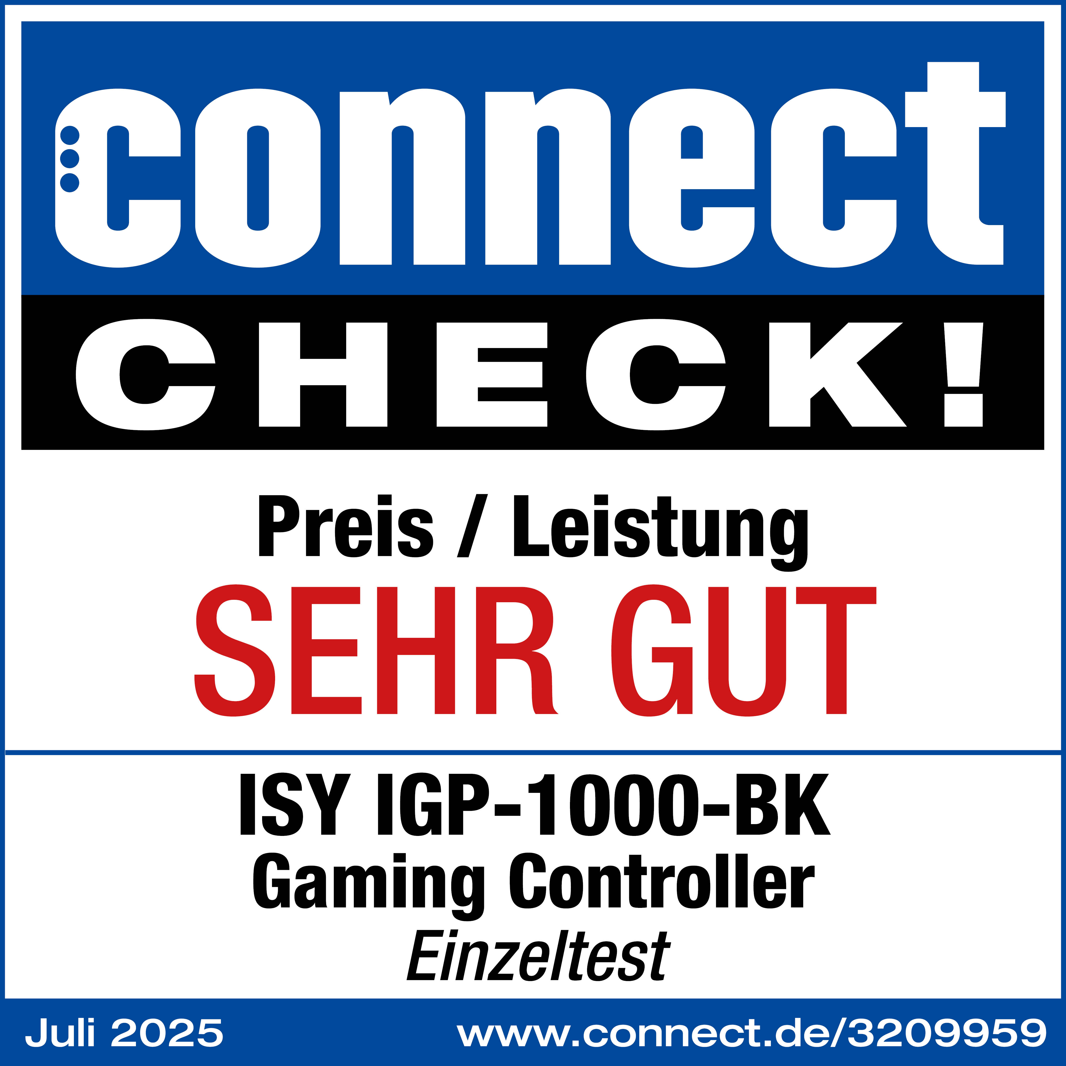 Das Bild ist eine Produktbewertungs-Grafik. Es zeigt den Text "connect CHECK!" und "SEHR GUT" in Rot sowie Produktdetails.