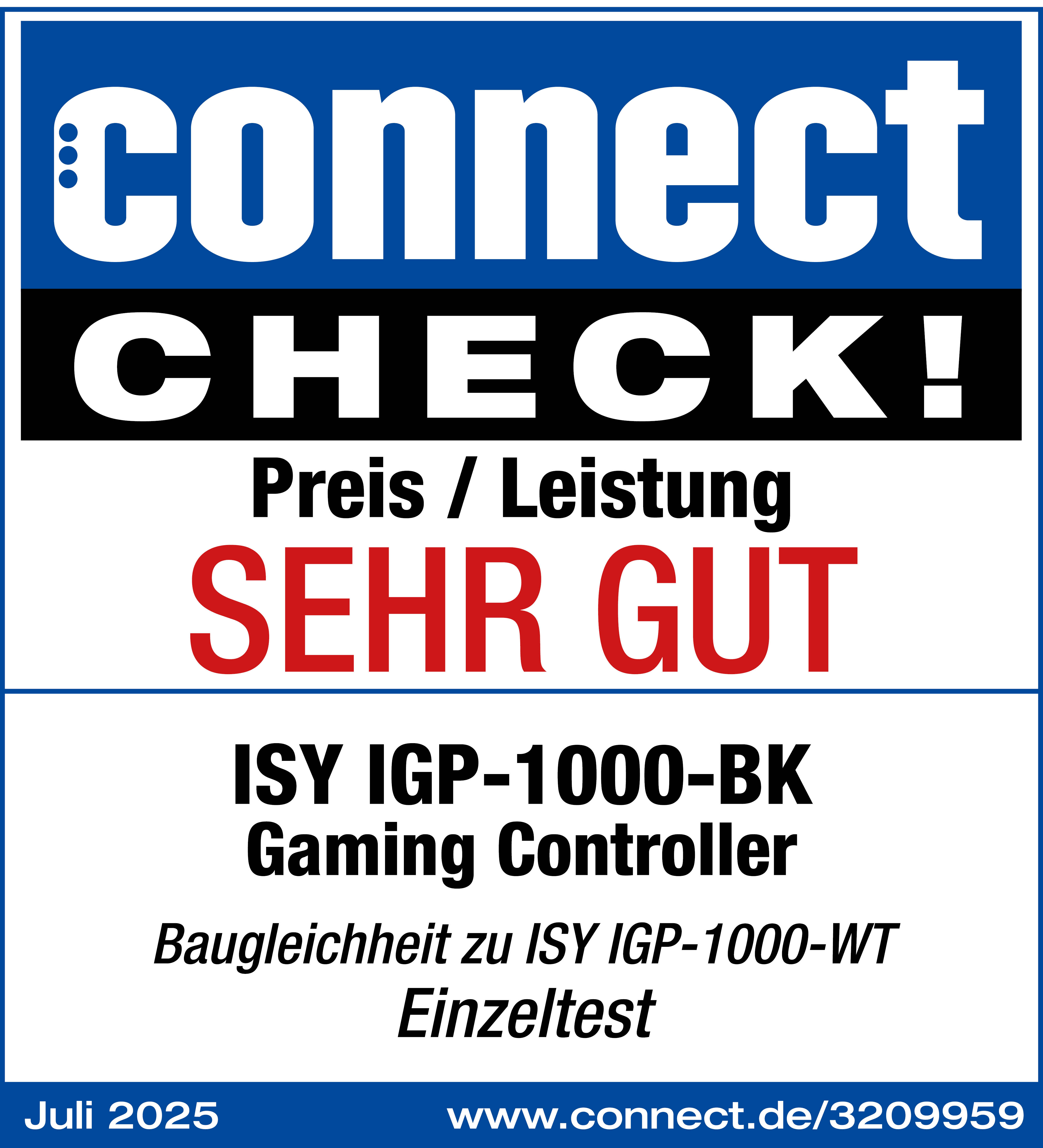 Ein Poster mit 'connect CHECK!' in Weiß auf Blau. Darunter 'SEHR GUT' in Rot. Details ISY-Controller und 'Juli 2025'.