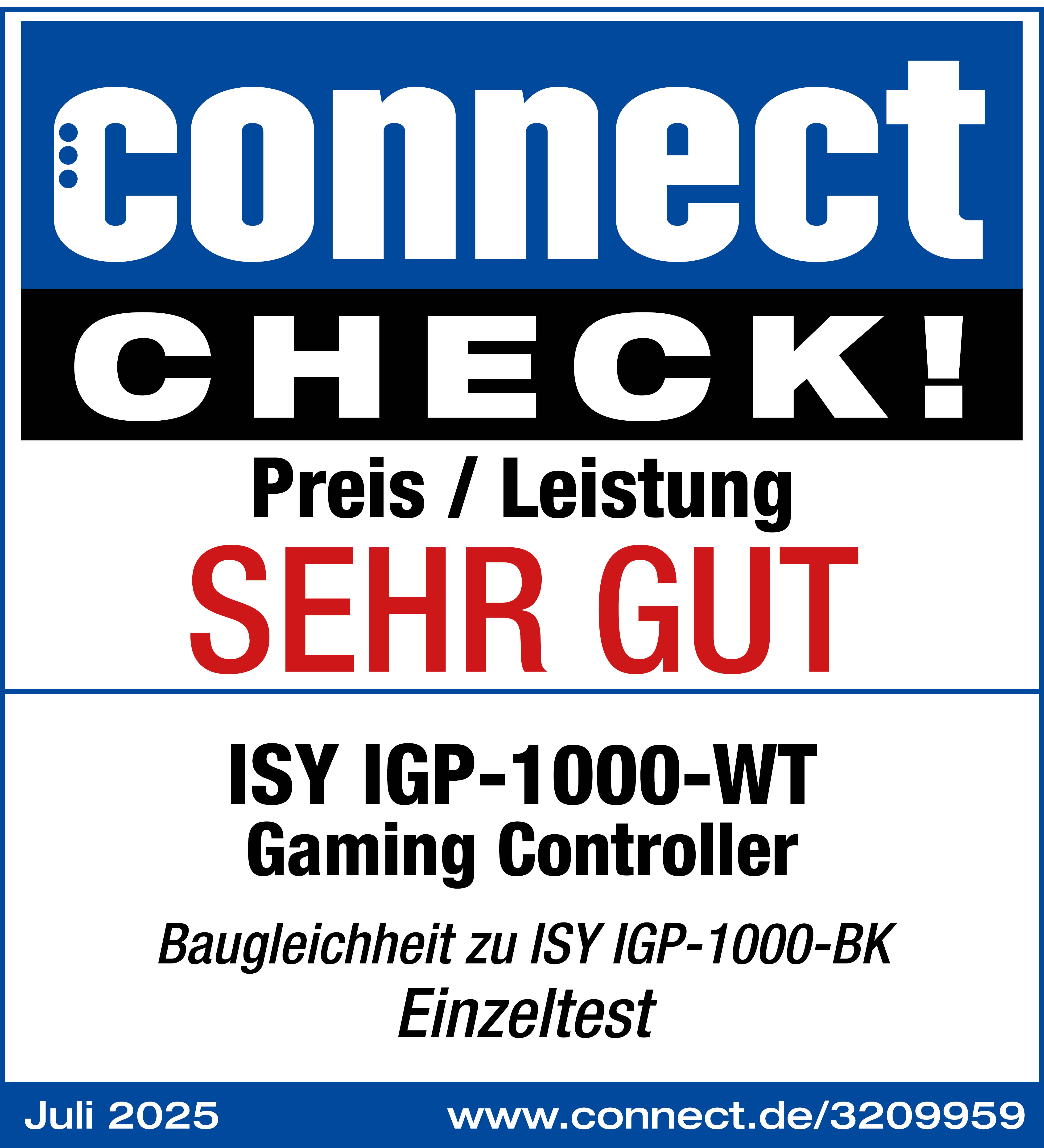 Ein Poster mit dem Wort 'connect' in Weiß und 'CHECK!' darunter. Es zeigt einen Produktbericht mit der Bewertung 'SEHR GUT'.