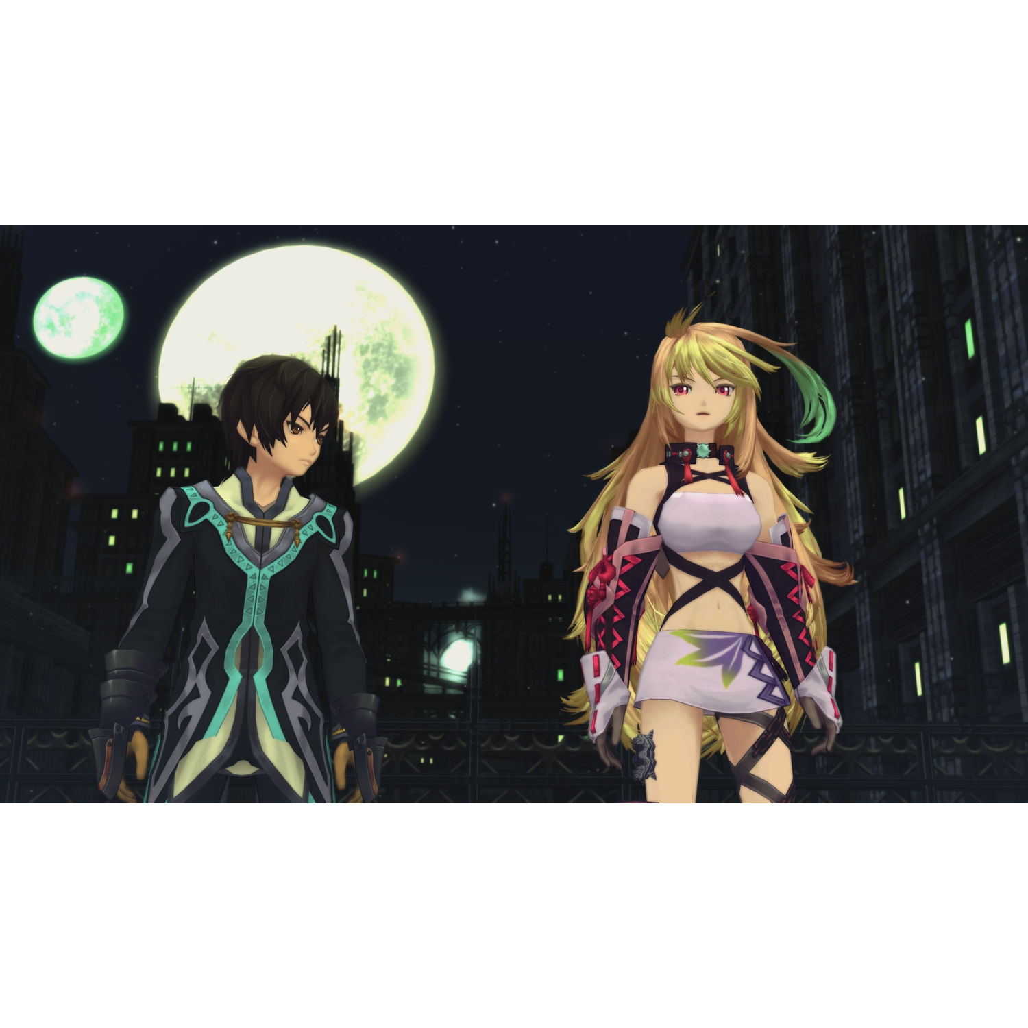 Twee anime-personages staan voor een grote maan. Een met zwart haar en een jas met turquoise accenten, de ander met blond haar en een witte outfit.