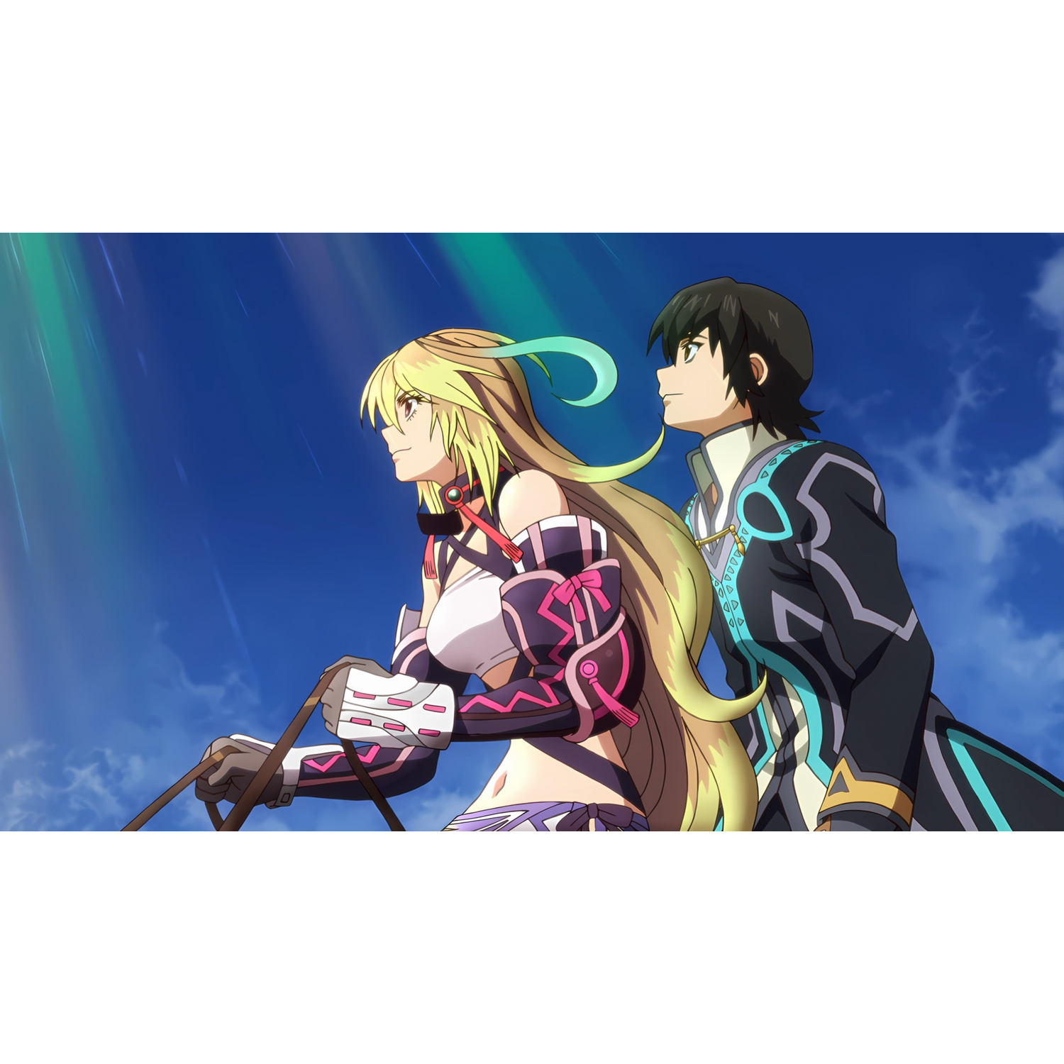Anime-personages kijken omhoog. Een blonde vrouw en een man met zwart haar tegen een blauwe lucht met wolken.