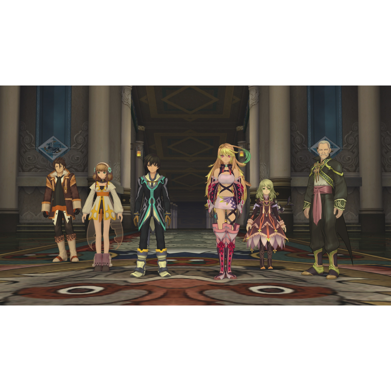 Zes personages in anime-stijl staan in een hal. Ze dragen verschillende outfits. De hal heeft pilaren en een versierde vloer, met banners.