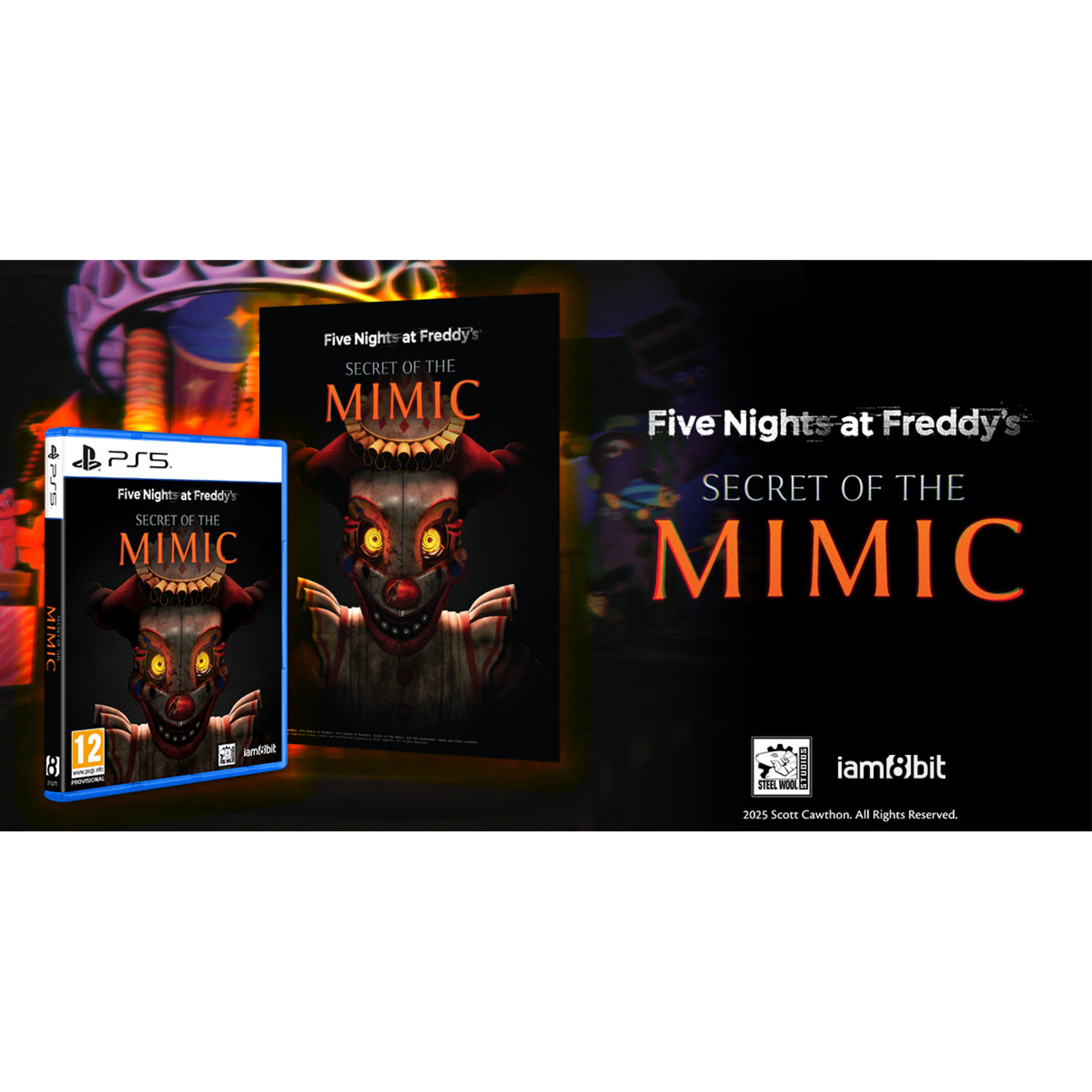 L'image montre la jaquette du jeu Five Nights at Freddy's: Secret of the Mimic et une boîte PS5. Une figure de type clown est présente sur la couverture.