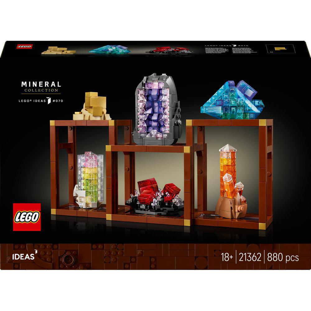 Lego-Set-Box mit Mineraliensammlung-Modellen, die auf Holzregalen ausgestellt sind. Die Box hat die Logos von Lego und Ideas.