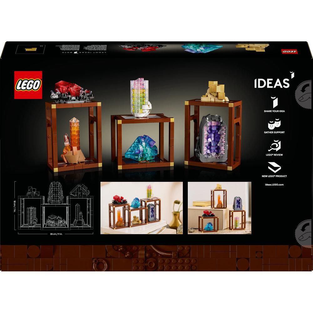 LEGO Ideas Set-Box. Zeigt verschiedene LEGO-Modelle auf Holzständern. Mit LEGO-Logo und Ideas-Branding.