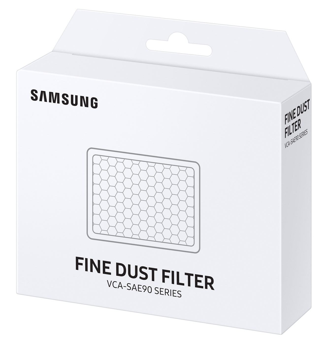 Białe pudełko Samsung. Widnieje napis "FINE DUST FILTER VCA-SAE90 SERIES". Pudełko ma obrazek filtra pyłkowego.