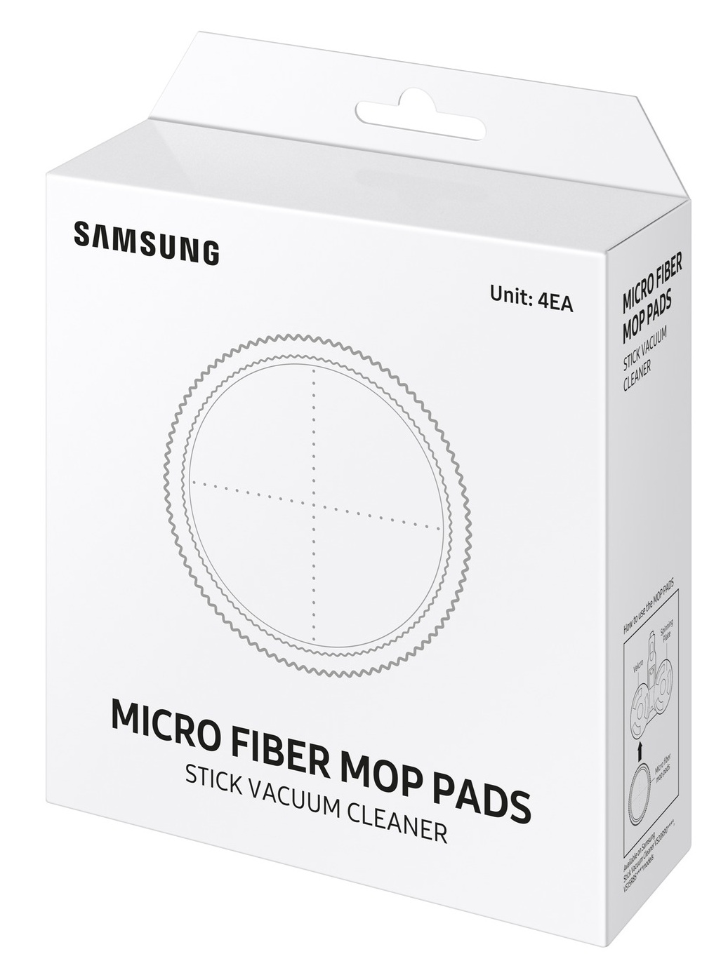 Białe pudełko na wkładki do mopa z mikrofibry Samsung do odkurzacza pionowego. Tekst i schemat na pudełku. Jednostka: 4EA.