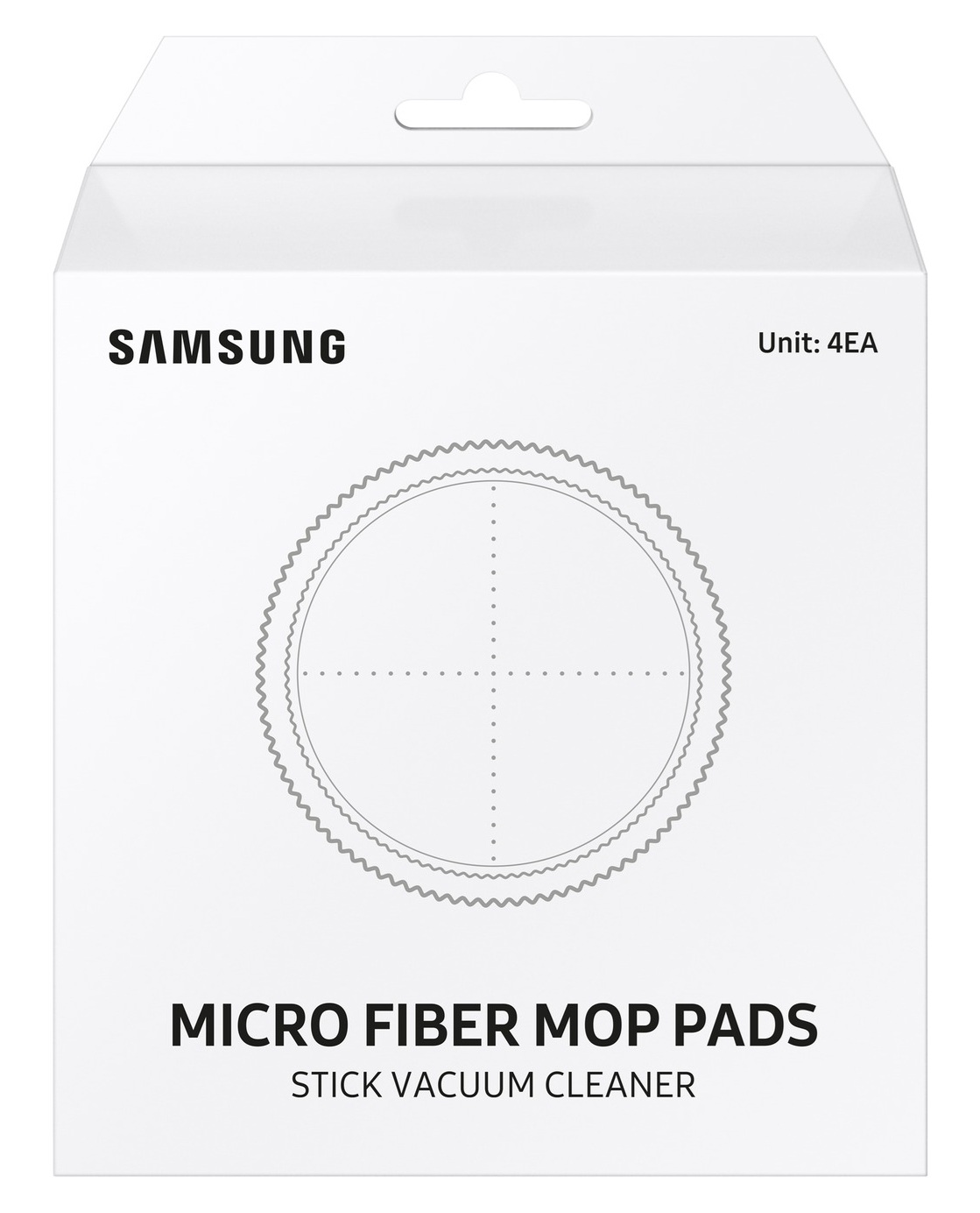 Białe pudełko z logo SAMSUNG i napisem: MICRO FIBER MOP PADS, STICK VACUUM CLEANER, jednostka 4EA. Okrągły wzór pośrodku.