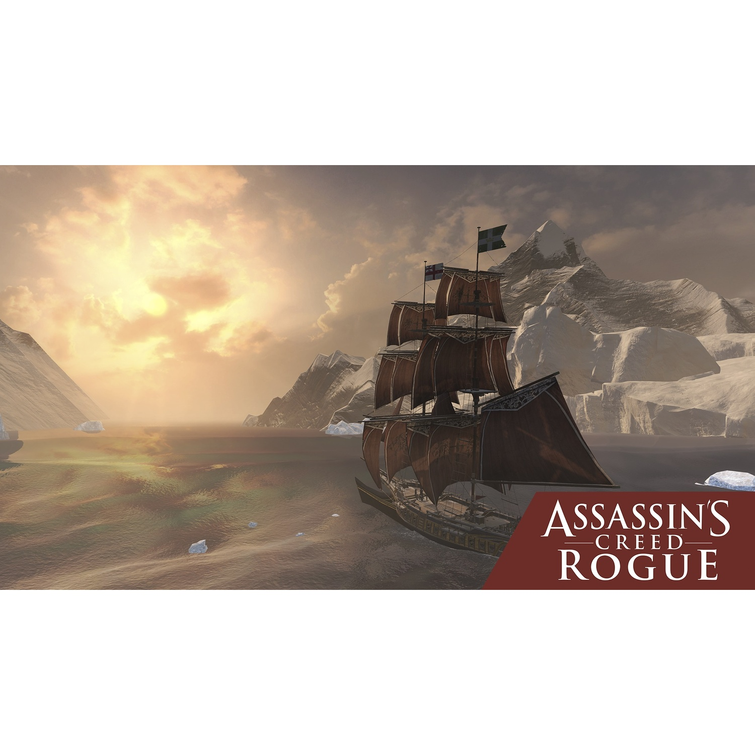 Una nave naviga su acque scure, con montagne innevate sullo sfondo. Il cielo è un misto di giallo e grigio. È presente il logo di Assassin's Creed Rogue.