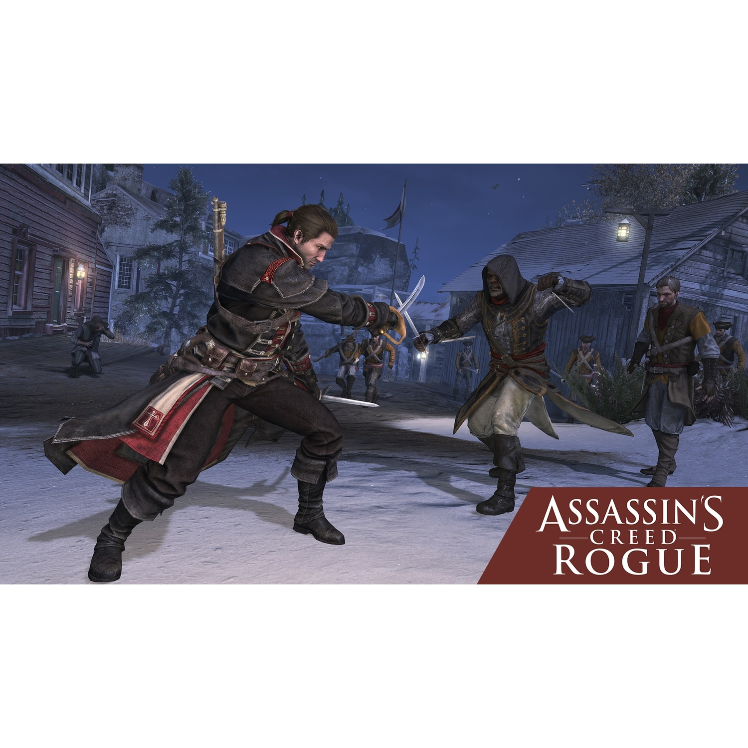 Due figure si scontrano con spade in un villaggio innevato. Uno indossa nero e rosso; l'altro, un mantello con cappuccio. Viene mostrato il logo di Assassin's Creed: Rogue.