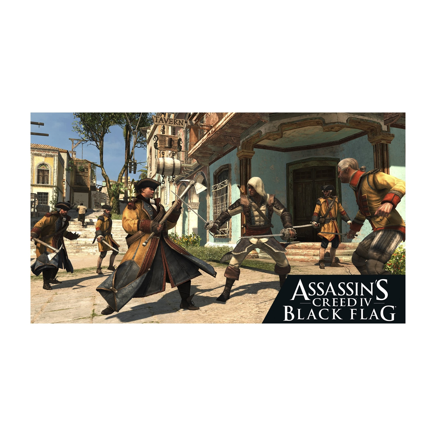 Pirati combattono con spade in una scena di strada. Il logo di Assassin's Creed IV Black Flag si trova in basso a destra.