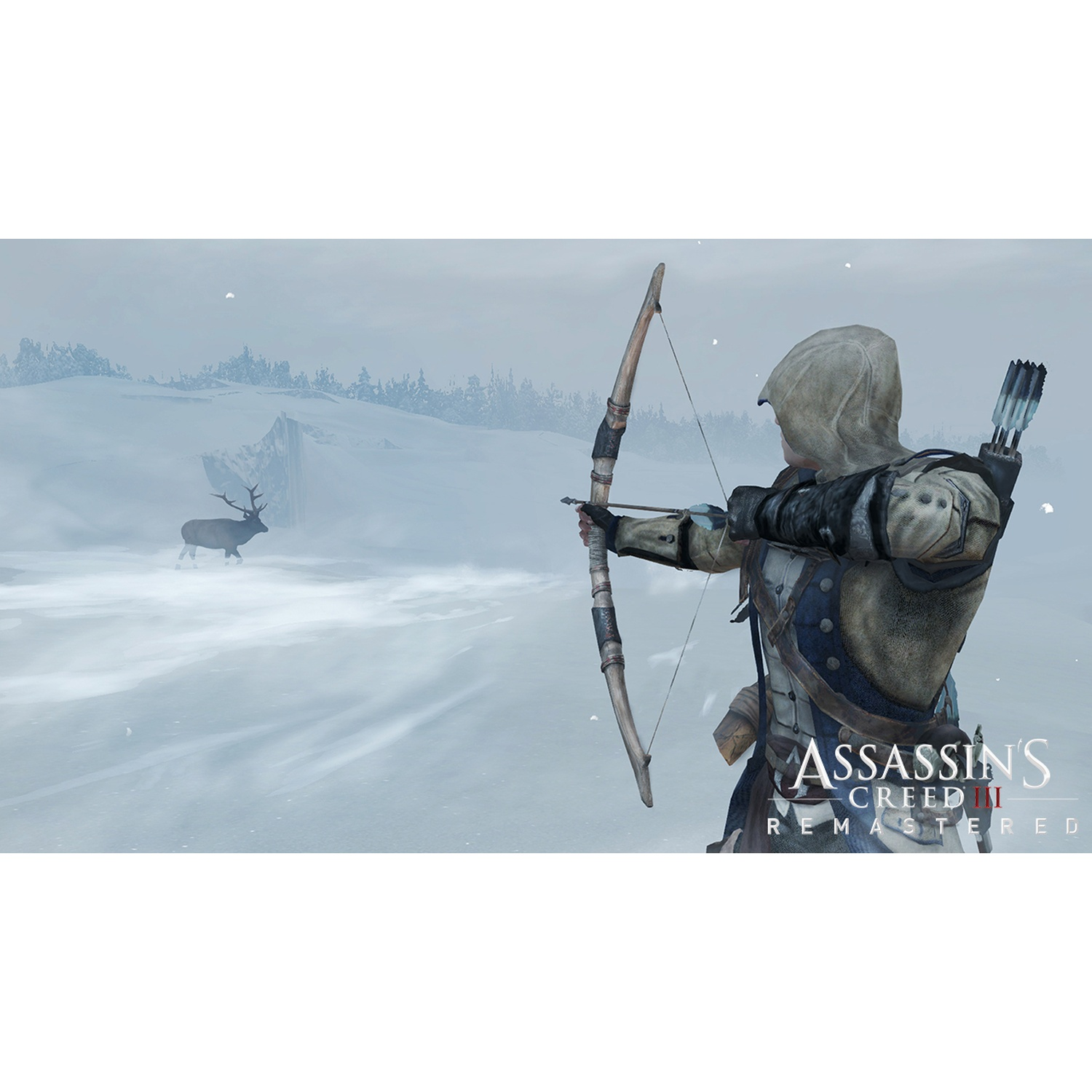 Un Assassino mira un cervo con un arco in un paesaggio innevato. Il titolo del gioco è visibile. Foresta invernale sullo sfondo.