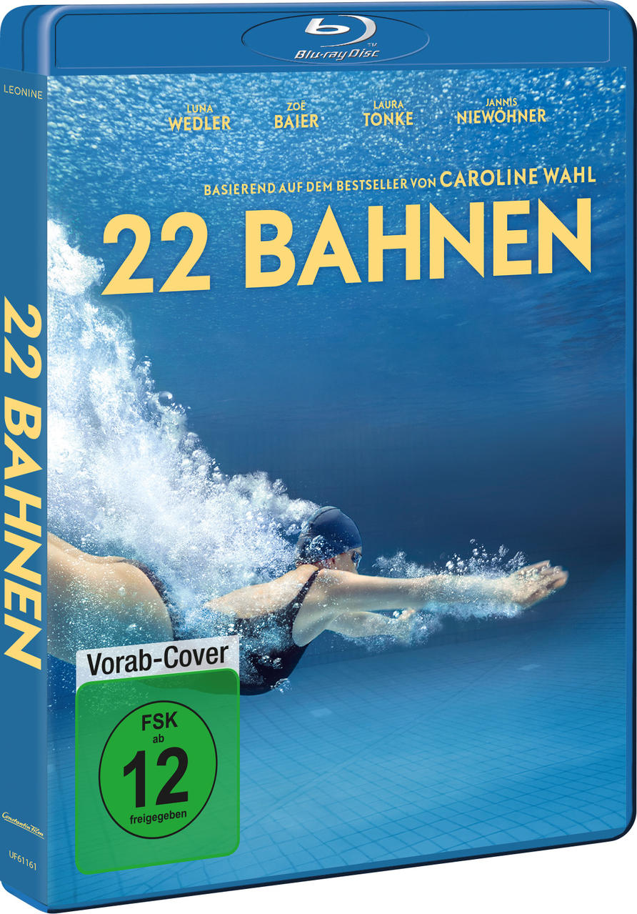 Blu-ray-Cover: Schwimmerin unter Wasser, Titel '22 BAHNEN'. Namen der Schauspieler. Grüne FSK-Bewertung.