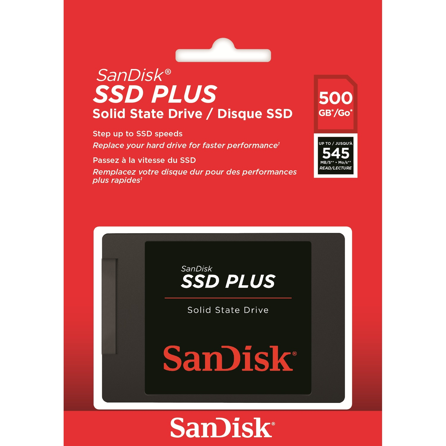 Confezione SanDisk SSD PLUS. Design rosso e bianco con dettagli del prodotto e grafica dell'unità SSD.