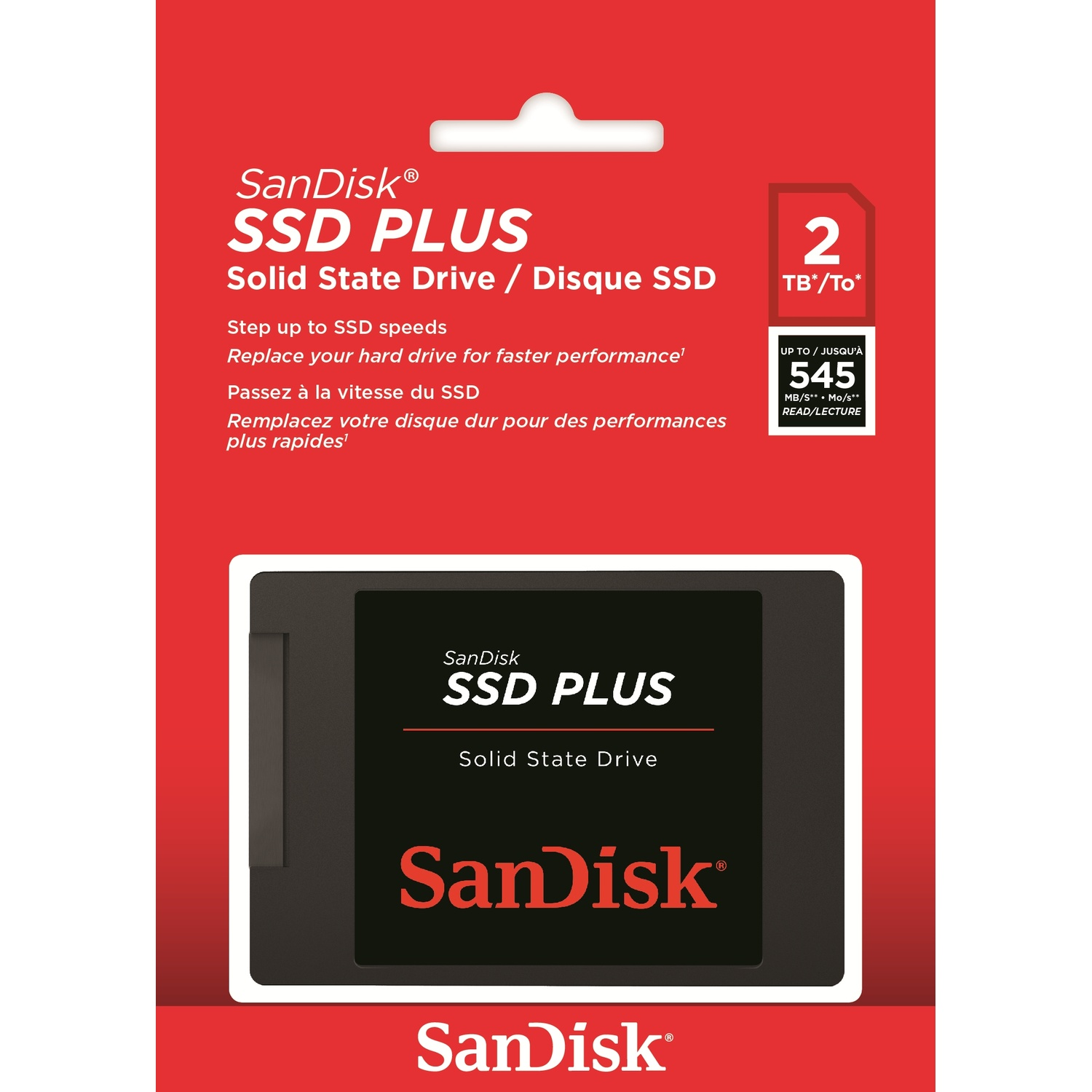 Confezione del prodotto SanDisk SSD PLUS. Design rosso e bianco con dettagli del prodotto e grafica dell'SSD. Mostra la capacità di archiviazione.