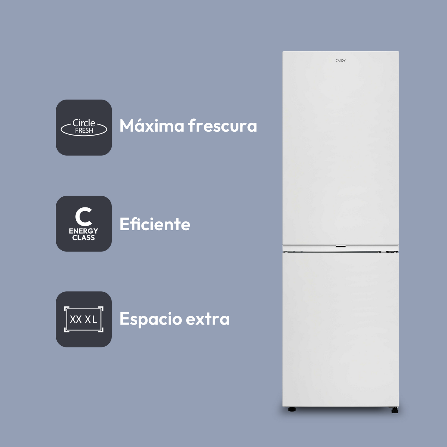 Un frigorífico Candy blanco sobre fondo gris. Iconos indican características como Circle Fresh, eficiencia y espacio extra.