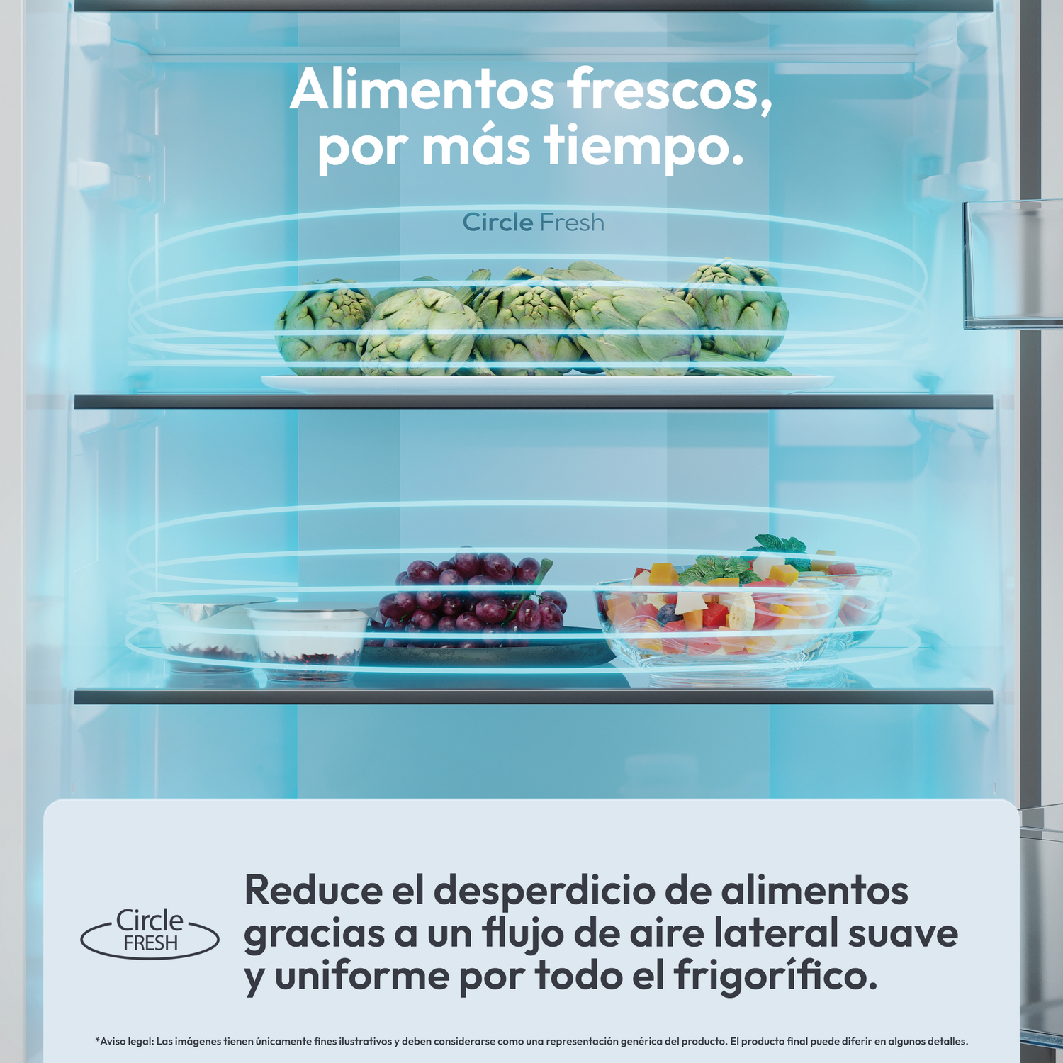 Interior de frigorífico con verduras y frutas. Texto: Alimentos frescos por más tiempo. Circle Fresh reduce desperdicio.