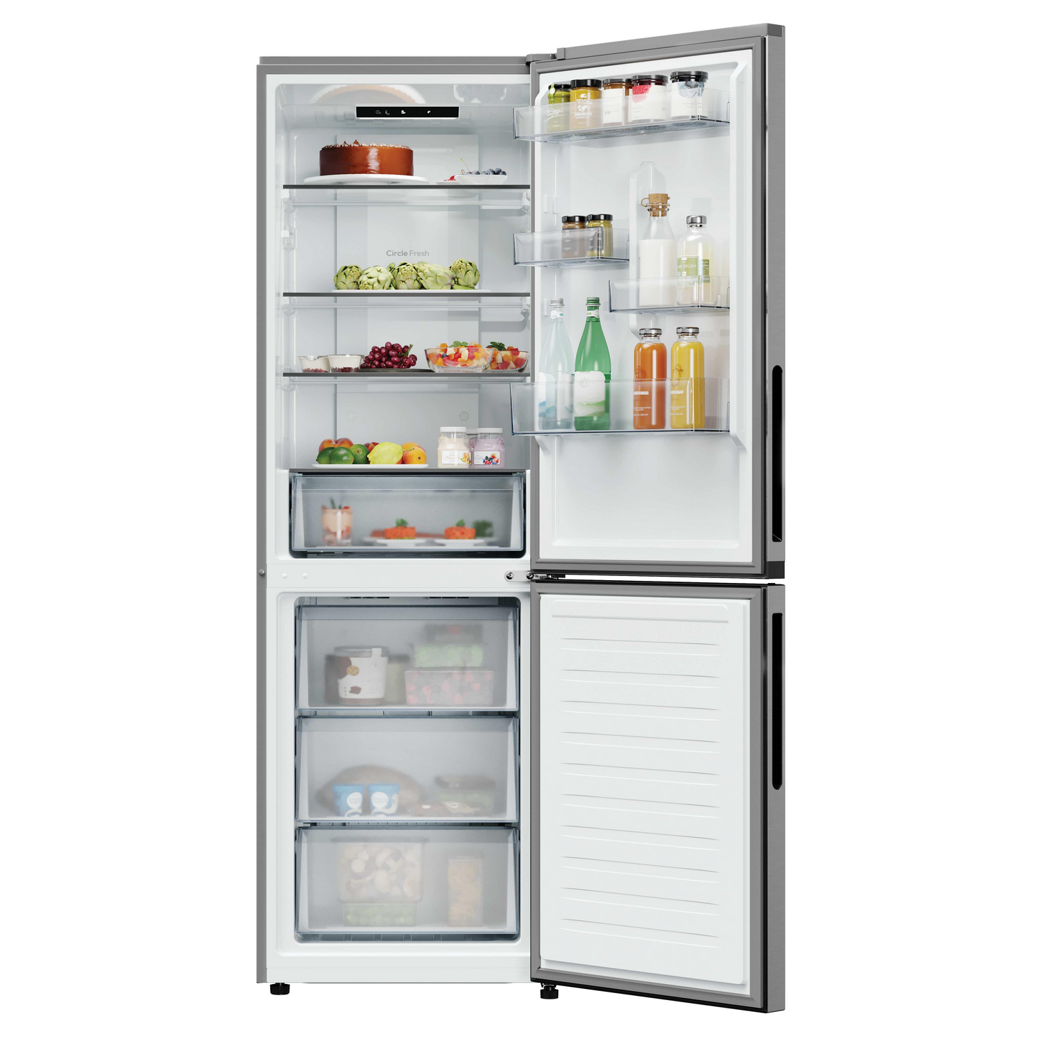 Un refrigerador abierto con varios alimentos: pastel, frutas, verduras, bebidas y frascos. La puerta del congelador también está abierta, revelando cajones.
