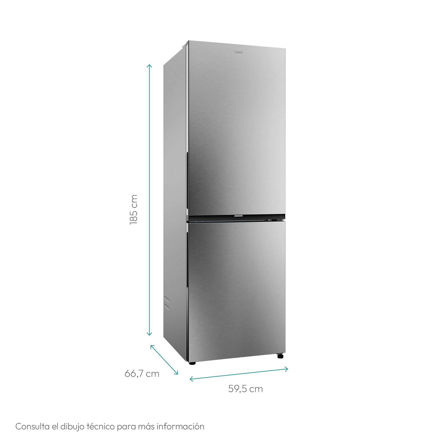 Un refrigerador plateado con dimensiones etiquetadas. Es un modelo de dos puertas, con el logo de la marca Candy arriba.
