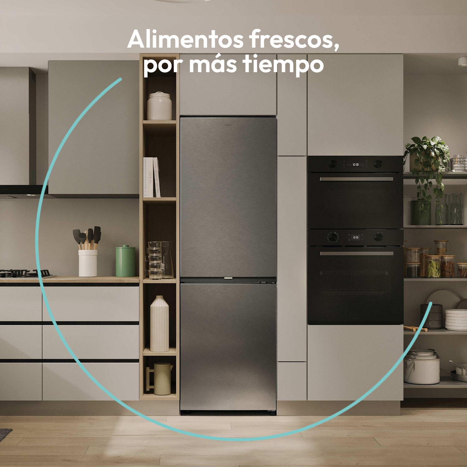 Frigorífico en cocina con texto: Alimentos frescos por más tiempo.